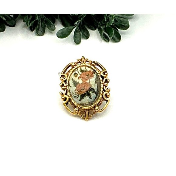 Vintage Jewelry - Vintage Floral Embroidered Gold-Tone Brooch Pin